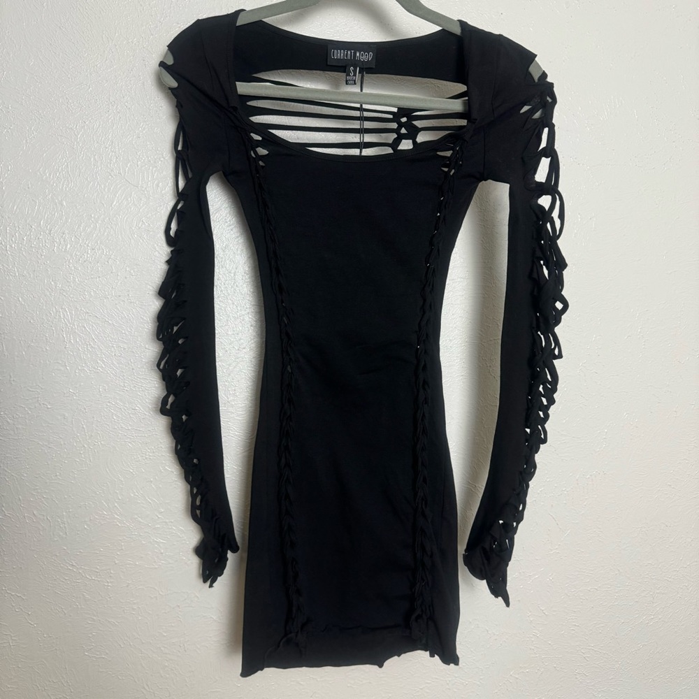Current Mood Black Distressed Cutout Long Sleeve Bodycon Dress NWT